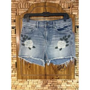 Express High Rise Blue Denim Floral Embroidered Cut Off Shorts Size 6